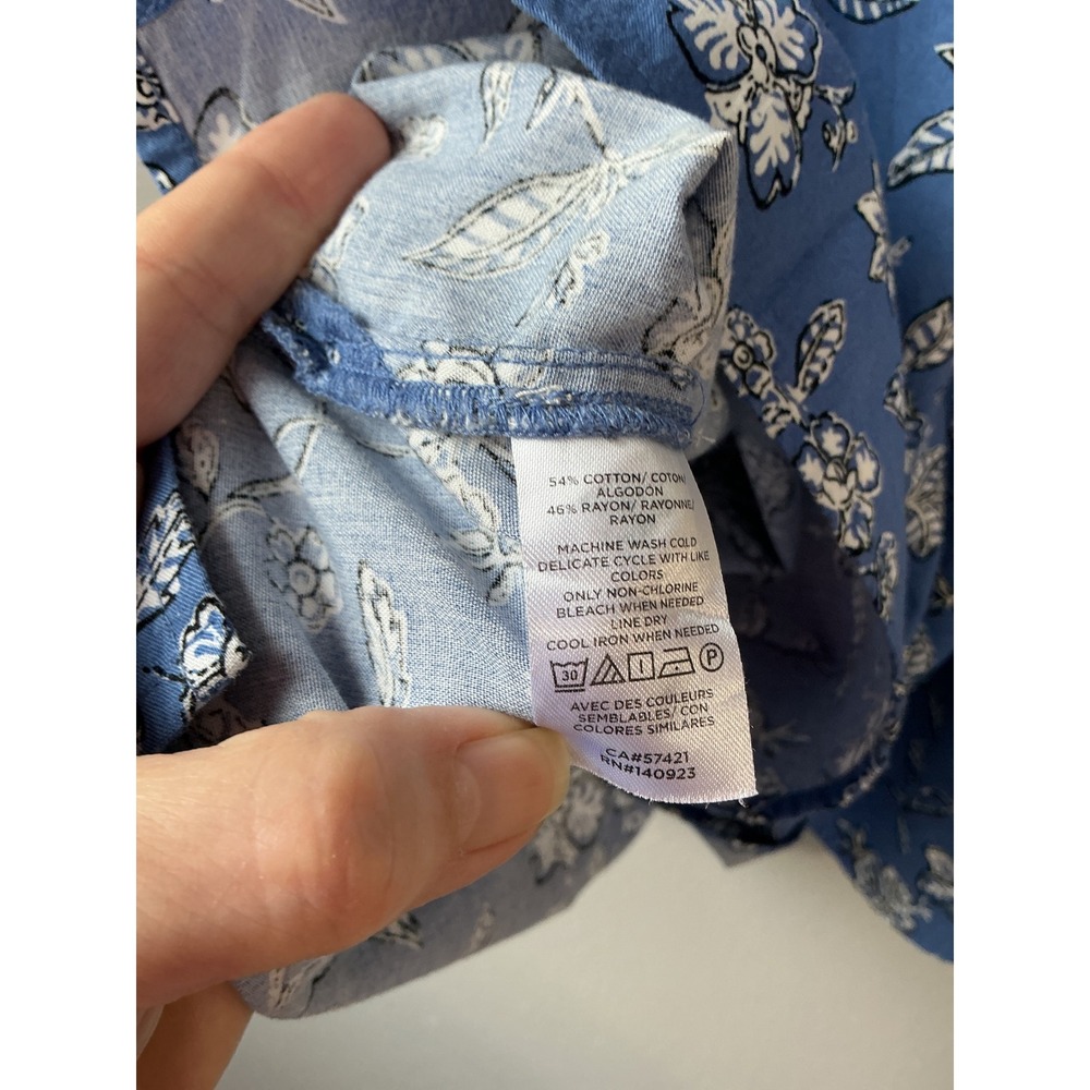 LOFT Blue Floral Cotton Rayon Tie Neck Puff Short Sleeve Peasant Blouse Medium - Picture 8 of 9